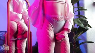 Femboy edges huge cock fucks fleshlight in pink fishnets raw cum drip