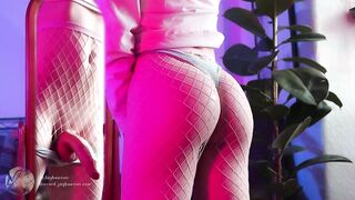 Femboy edges huge cock fucks fleshlight in pink fishnets raw cum drip