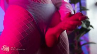 Femboy edges huge cock fucks fleshlight in pink fishnets raw cum drip
