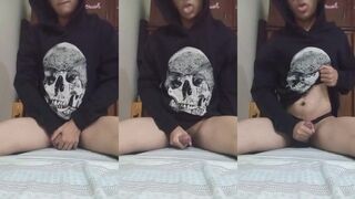 Femboy stuffs his cute hard cock in panties gets destroyed
