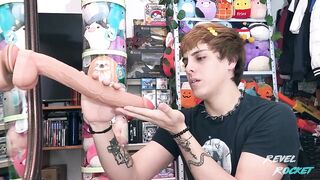 Pretty goth femboy gets throat wrecked by extra largo dildo