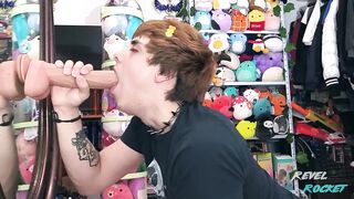 Pretty goth femboy gets throat wrecked by extra largo dildo