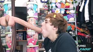 Pretty goth femboy gets throat wrecked by extra largo dildo