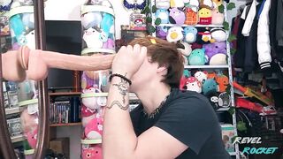 Pretty goth femboy gets throat wrecked by extra largo dildo