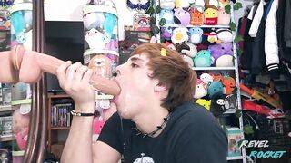 Pretty goth femboy gets throat wrecked by extra largo dildo