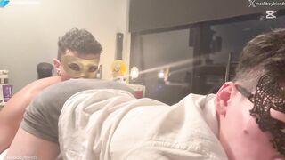 Grindr rough hookup Asian twink gets pounded by Latino jock raw anal creampie