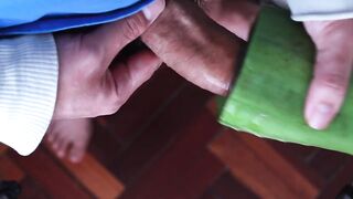 Aloe lube on uncut thick dick and tease myself raw