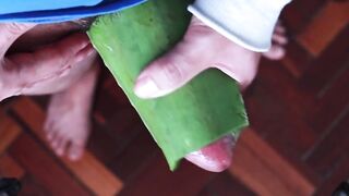 Aloe lube on uncut thick dick and tease myself raw