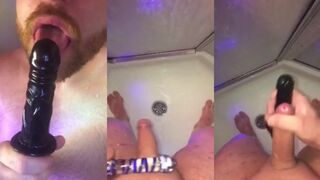 Gay married man sucks his own cum off a dildo after cheating in the shower