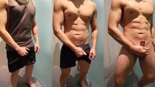 Golden shower soaked muscle jock jerks off in gym shower