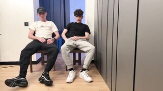 Two lads jerking off uncut dicks with big cum loads
