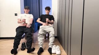 Two lads jerking off uncut dicks with big cum loads