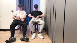 Two lads jerking off uncut dicks with big cum loads