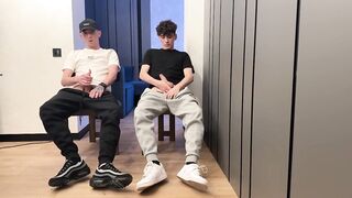 Two lads jerking off uncut dicks with big cum loads