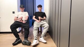 Two lads jerking off uncut dicks with big cum loads