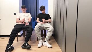 Two lads jerking off uncut dicks with big cum loads