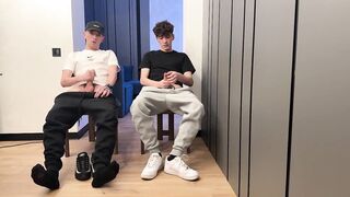 Two lads jerking off uncut dicks with big cum loads