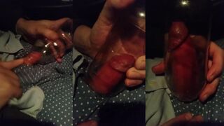 Gay cock stuffed deep in bottle until cum drips out