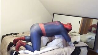 Spiderman blows blonde sex doll in crop top and leggings