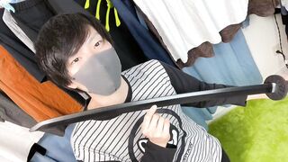 Japanese boy raw nipple play and dry orgasm with sword edge worship