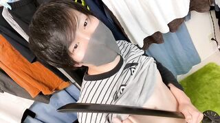 Japanese boy raw nipple play and dry orgasm with sword edge worship