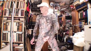 Gay Porn Model shows off his glossy tattoo man cream solo session live