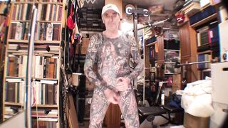 Gay Porn Model shows off his glossy tattoo man cream solo session live