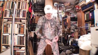 Gay Porn Model shows off his glossy tattoo man cream solo session live