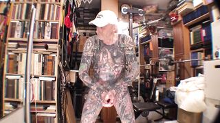 Gay Porn Model shows off his glossy tattoo man cream solo session live