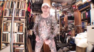 Gay Porn Model shows off his glossy tattoo man cream solo session live