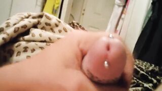 POV masturbation with an army of pierced cocks leaving a facial mess