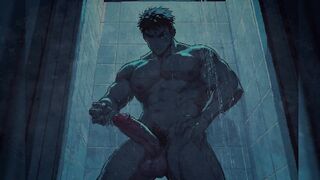 Gay shower jerkoff while naked friend watches graphic audio