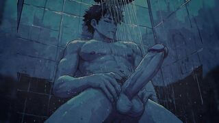 Gay shower jerkoff while naked friend watches graphic audio