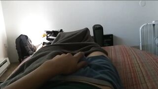 Young twink's messy morning cum in his boxers POV