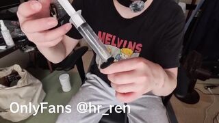 Destroyed urethra chokes down japanese sake solo gay mess
