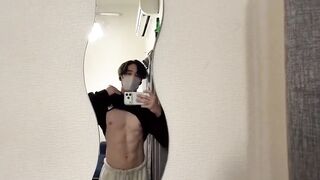 Muscular light-skinned man strokes his big cock raw masturbation