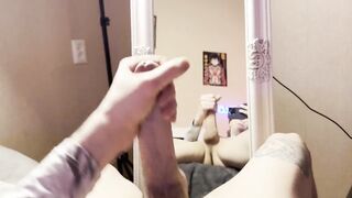 Russian femboy in sneakers jerks thick tattooed cock to mirror cumshot