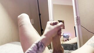 Russian femboy in sneakers jerks thick tattooed cock to mirror cumshot
