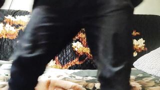 Gushing cum from 18-year-old's big cock while jerking off in leather jacket