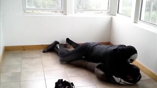 Gay skeleton gets destroyed by frogman in spandex wrestling cumshot