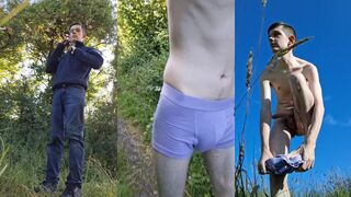 Twink strips outside and jerks off after short walk
