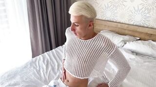 Daddy jerks off stepson’s huge cock until it gushes thick loads everywhere