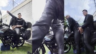 Role play on the hot leather bike outdoors climaxing a huge load bareback