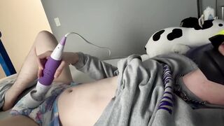 Twink pup gets wrecked by buzzy wand until he drips in his soaked diaper