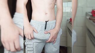 Big cock twink daddy jerks off while making breakfast