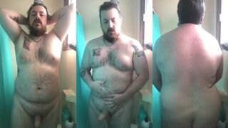 Chubby daddy spreads his ass and jerks off in shower with big cock