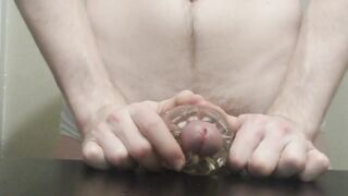 Massive thick cock jerks huge load across living room table