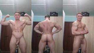 Gay muscle stud flexes thick hard cock for European model