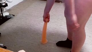 Giant horse dildo wrecks chubby gay ass raw cumshot solo ride