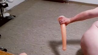 Giant horse dildo wrecks chubby gay ass raw cumshot solo ride